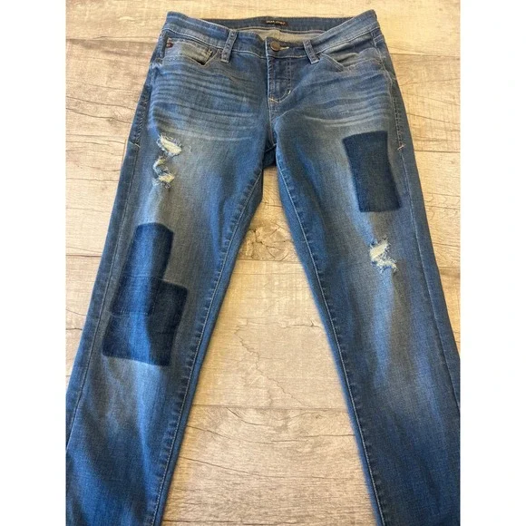 Dear John Joyrich Comfort Skinny Jeans Blue Distressed Patch Denim Womens - Picture 3 of 12
